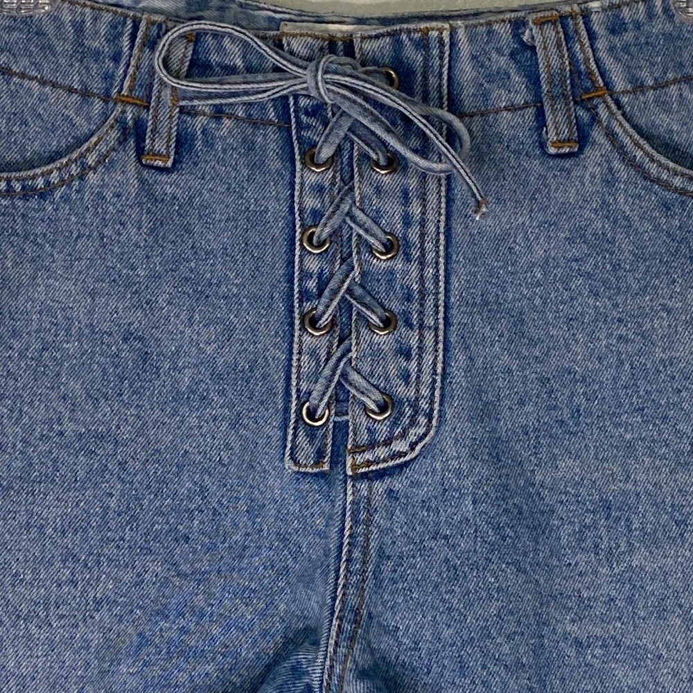 MODA INTL Vintage Y2K Lace Up Tie Side Zipper 100% Cotton Denim Shorts Size 27 - Picture 14 of 14